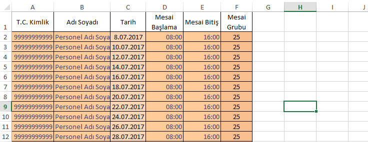 pdks excel ile mesai takvimi olusturma