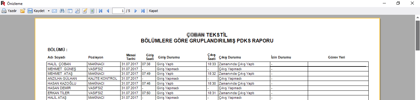 Bölümlere Göre Rapor Çıktısı